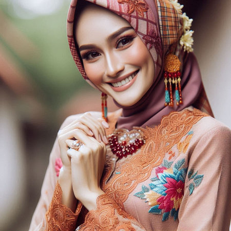 Hijab fashion. Smiling muslim woman wearing traditional clothesの素材