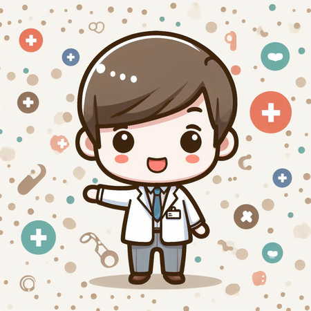 cute boy doctor cartoon character vector illustration design on beige backgroundの素材