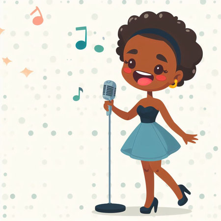 African American girl singing karaoke with microphone. Vector illustration.の素材