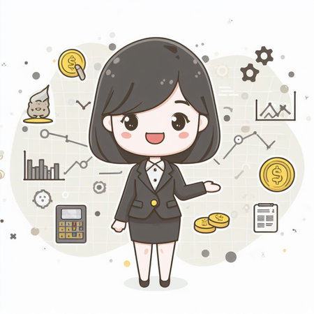 Business woman and business icon set. Cute cartoon vector illustration.の素材