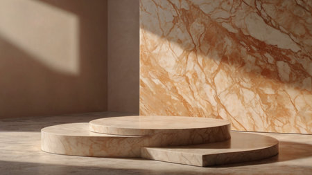 Luxury marble product placement podium, platform, stage on brown textured concrete wall with sunshade shadowの素材