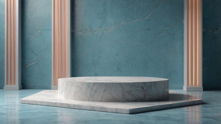 Luxury marble product placement podium, platform, stage on soft blue textured concrete wall with sunshade shadowの素材