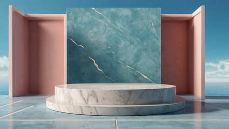 Luxury marble product placement podium, platform, stage on blue sky textured concrete wall with sunshade shadowの素材