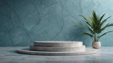 Luxury marble product placement podium, platform, stage on soft blue textured concrete wall with sunshade shadowの素材