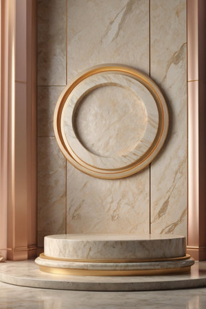 Luxury marble product placement podium, platform, stage on soft creamy textured concrete wall with sunshade shadowの素材