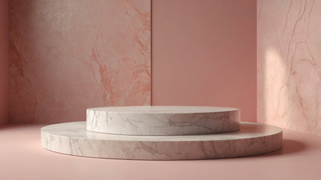 Luxury marble product placement podium, platform, stage on soft pink textured concrete wall with sunshade shadowの素材