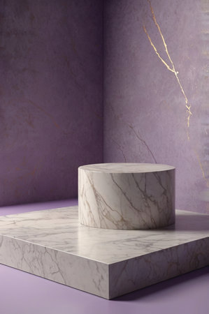 Luxury marble product placement podium, platform, stage on violet textured concrete wall with sunshade shadowの素材