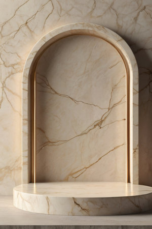 Luxury marble product placement podium, platform, stage on soft creamy textured concrete wall with sunshade shadowの素材