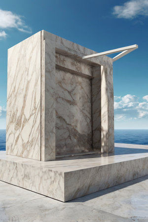 Luxury marble product placement podium, platform, stage on blue sky textured concrete wall with sunshade shadowの素材