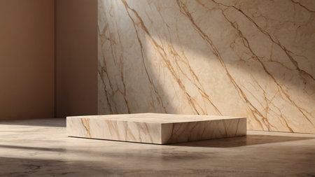 Luxury marble product placement podium, platform, stage on brown textured concrete wall with sunshade shadowの素材