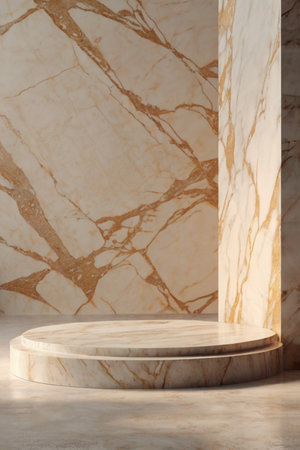 Luxury marble product placement podium, platform, stage on soft creamy textured concrete wall with sunshade shadowの素材
