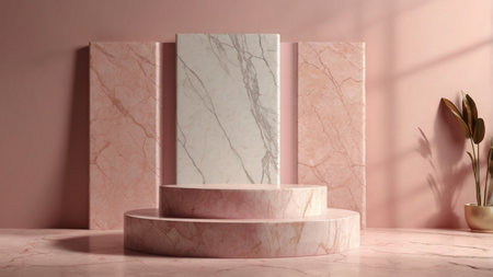 Luxury marble product placement podium, platform, stage on soft pink textured concrete wall with sunshade shadowの素材