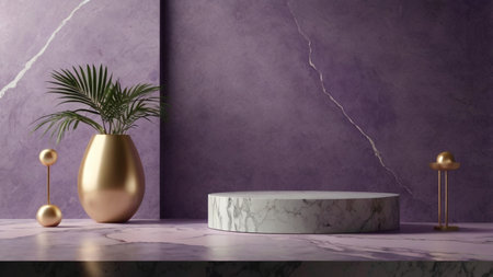 Luxury marble product placement podium, platform, stage on violet textured concrete wall with sunshade shadowの素材