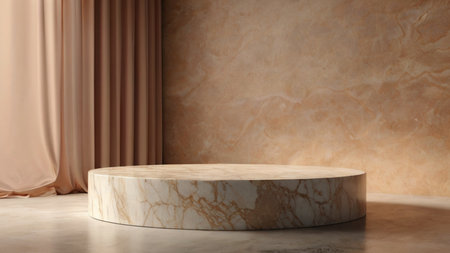 Luxury marble product placement podium, platform, stage on brown textured concrete wall with sunshade shadowの素材