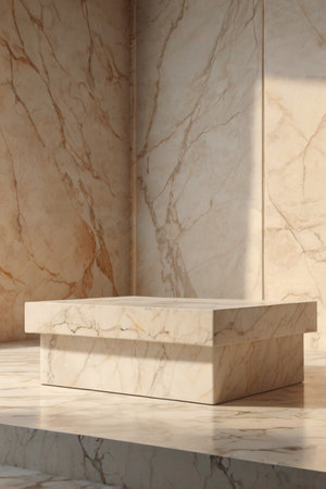 Luxury marble product placement podium, platform, stage on soft creamy textured concrete wall with sunshade shadowの素材