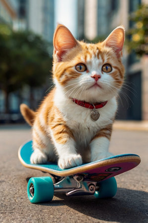sweet cute happy cartoon like a cat playing skateboard Calico colorの素材