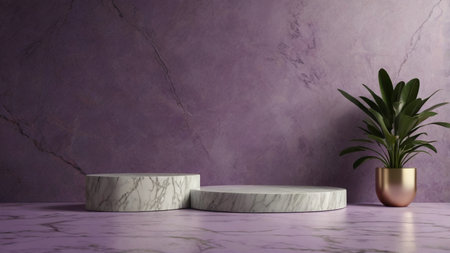 Luxury marble product placement podium, platform, stage on violet textured concrete wall with sunshade shadowの素材