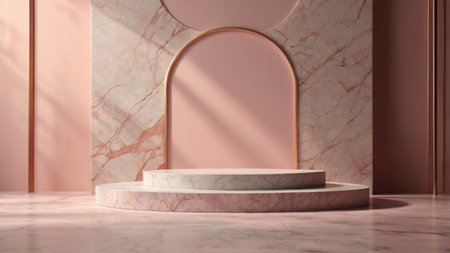 Luxury marble product placement podium, platform, stage on soft pink textured concrete wall with sunshade shadowの素材