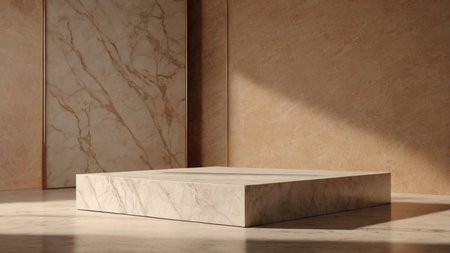Luxury marble product placement podium, platform, stage on brown textured concrete wall with sunshade shadowの素材