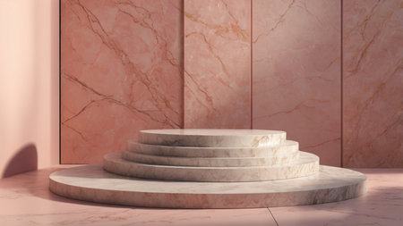 Luxury marble product placement podium, platform, stage on soft pink textured concrete wall with sunshade shadowの素材