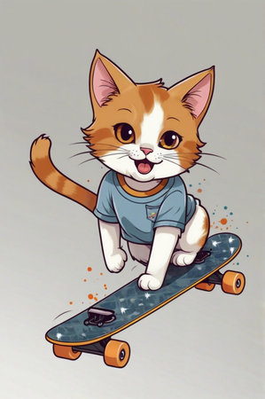 sweet cute happy cartoon like a cat playing skateboard Calico colorの素材