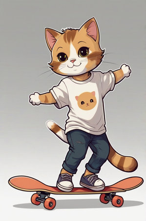 sweet cute happy cartoon like a cat playing skateboard Calico colorの素材