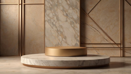 Luxury marble product placement podium, platform, stage on brown textured concrete wall with sunshade shadowの素材