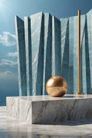 Luxury marble product placement podium, platform, stage on blue sky textured concrete wall with sunshade shadowの素材