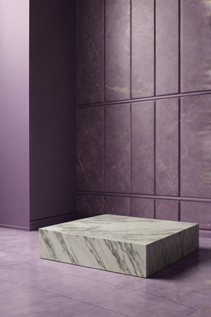 Luxury marble product placement podium, platform, stage on violet textured concrete wall with sunshade shadowの素材