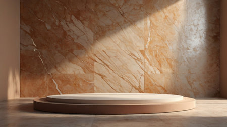 Luxury marble product placement podium, platform, stage on brown textured concrete wall with sunshade shadowの素材