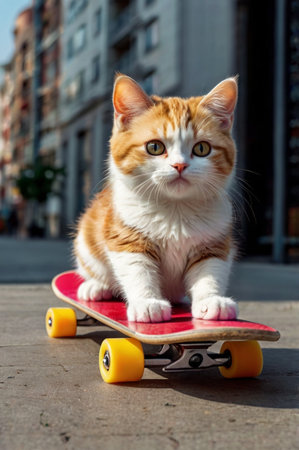 sweet cute happy cartoon like a cat playing skateboard Calico colorの素材