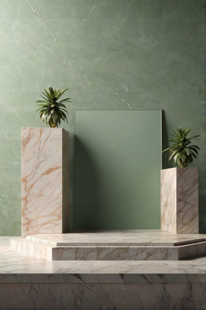 Luxury marble product placement podium, platform, stage on sage colour textured concrete wall with sunshade shadowの素材