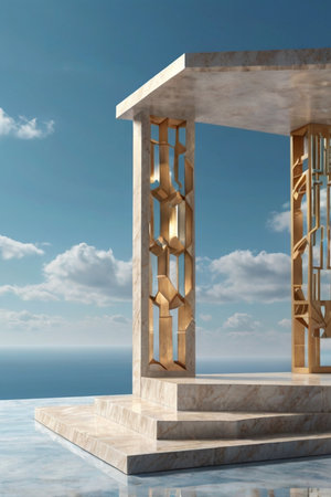 Luxury marble product placement podium, platform, stage on blue sky textured concrete wall with sunshade shadowの素材