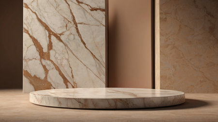 Luxury marble product placement podium, platform, stage on brown textured concrete wall with sunshade shadowの素材
