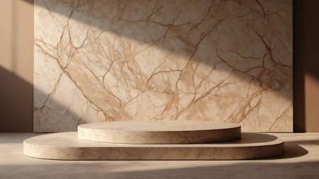 Luxury marble product placement podium, platform, stage on brown textured concrete wall with sunshade shadowの素材