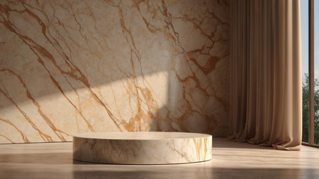 Luxury marble product placement podium, platform, stage on brown textured concrete wall with sunshade shadowの素材