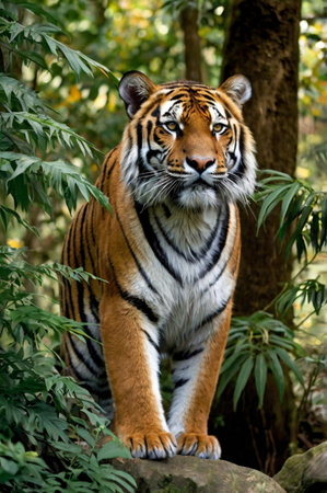 This majestic image capture shows the stoic face and head of wild tiger in a portrait, white the feline is looking towards the camera.の素材