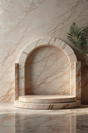 Luxury marble product placement podium, platform, stage on wardah colour textured concrete wall with sunshade shadowの素材
