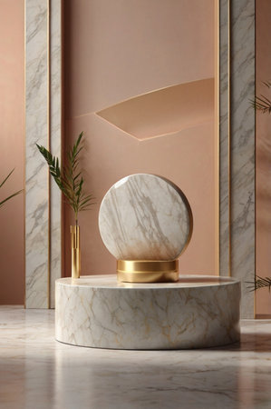 Luxury marble product placement podium, platform, stage on wardah colour textured concrete wall with sunshade shadowの素材
