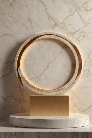 Luxury marble product placement podium, platform, stage on soft creamy textured concrete wall with sunshade shadowの素材