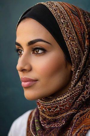 profile portrait close up of a beautiful middle eastern woman wearing a hijabの素材