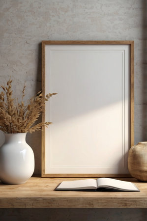 Mock up blank plain frame in home interior background, white room with natural wooden table and decor, 3d renderの素材