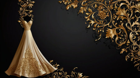 A wedding black background with golden color and luxurious ornament, creating an elegant and sophisticated ambiance perfect for a lavish celebrationの素材