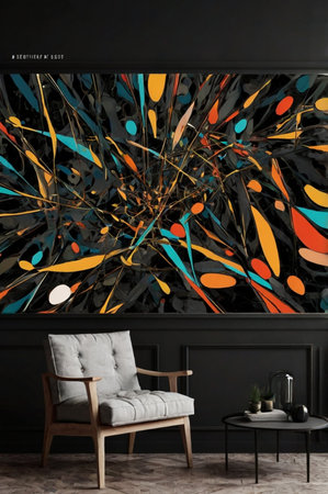 An abstract poster illustration with a black background designed for smartphone wallpaper, featuring modern and artistic elements to create a visually striking and unique displayの素材
