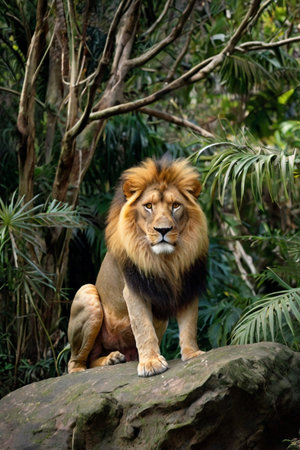 Big male lion on a rock in the zoo. Wildlife scene from nature.の素材