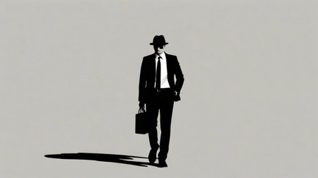 Silhouette of a man with a briefcase and a hatの素材