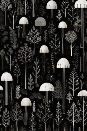 Seamless pattern with mushrooms, branches and leaves on a black backgroundの素材
