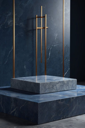Luxury marble product placement podium, platform, stage on dark blue textured concrete wall with sunshade shadowの素材