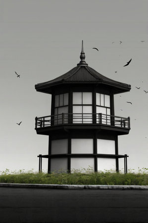 Lighthouse in the middle of the forest with birds flying in the skyの素材