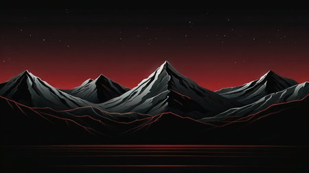 Landscape of mountains at night with red starry sky illustration.の素材